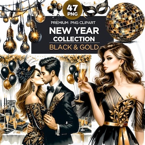 47 Watercolor Black & Gold New year Celebration Clipart Bundle | Glam Happy New year PNG Design for Sublimation and Crafts. Commercial Use