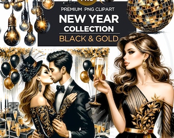 Watercolor Black & Gold New Year Clipart Bundle (PNG)