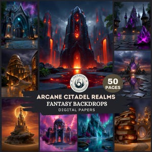 Arcane Citadel Digital Paper Backdrops, Fantasy Backgrounds for Junk Journal Scrapbook Collage (58 JPEG)