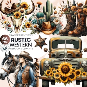 66 Rustikale Western Clipart-Set, Western PNG, Western Sublimation, Cowgirlstiefel, Cowboyhut. Ideal für Kunsthandwerk und Sublimation. Kommerzielle Nutzung