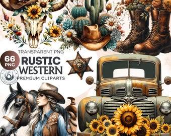 May include: A set of 66 rustic western themed clipart images. The images include a skull with antlers, cowboy boots, a sheriff's star, a vintage truck, sunflowers, cacti, and a cowgirl riding a horse.