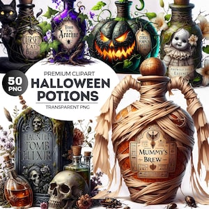 50 Halloween Potion bottle Clipart Set, Halloween png, Halloween witchcraft,Pumpkin, skeleton, mummy,Pumpkin, zombie,Halloween Sublimation