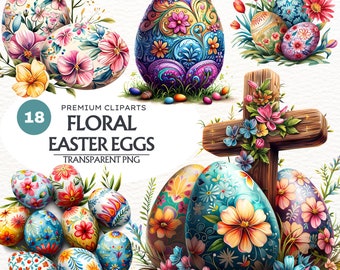 May include: 18 floral Easter eggs with intricate designs and colorful flowers.  These digital clipart images are perfect for adding a touch of spring to your crafts and projects.