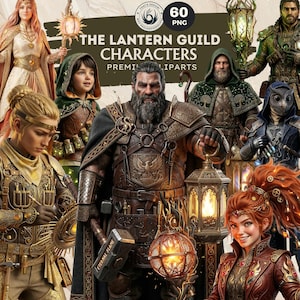 May include: Digital art featuring various characters from "The Lantern Guild." The characters are dressed in fantasy attire, holding lanterns, and other tools. The image includes the text "THE LANTERN GUILD CHARACTERS" and "PREMIUM CLIPARTS."