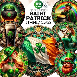 Ensemble de 50 cliparts de la Saint-Patrick en vitrail, clipart lutin PNG, conception de Sublimation porte-bonheur, illustration de trèfle PNG.usage commercial