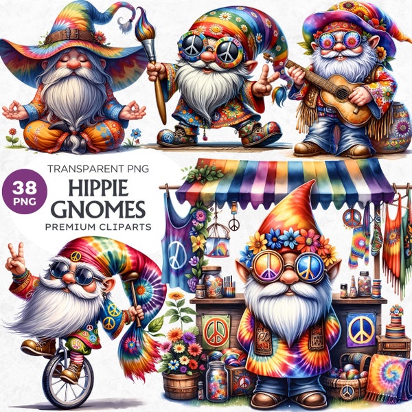 Hippie Gnomes clipart Set, 38 Flower power Gnome clipart, sublimation gnome png graphics, peace and love png, gnome sublimation, hippy png