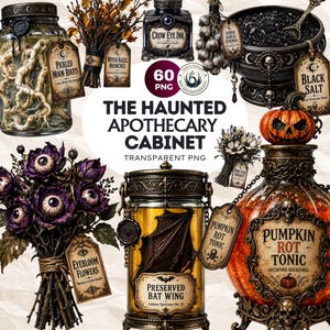 Gothic Haunted Apothecary Halloween Clipart PNG Set, Witchy Alchemy Poison Bottle for Junk Journal, crafts and TTRPG