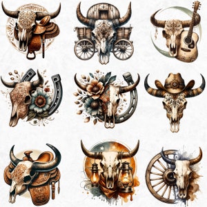Rustic Bull skull PNG clipart Set, western PNG, Western Sublimation, floral cow skull with sunflower crafts and sublimation. Commercial use