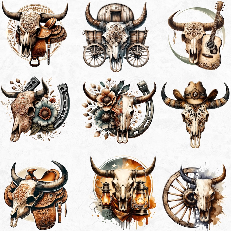 Rustic Bull skull PNG clipart Set, western PNG, Western Sublimation, floral cow skull with sunflower crafts and sublimation. Commercial use