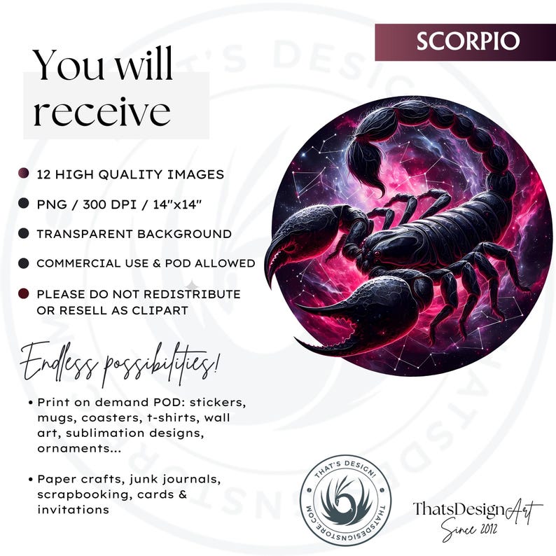 May include: A digital illustration of a black scorpion with a red glow, set against a pink and purple nebula background with white stars. The text "SCORPIO" is in the upper right corner of the image.