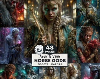 Papeles digitales de los dioses nórdicos Aesir y Vanir: efímeros de fantasía, álbum de recortes vikingo (48 páginas imprimibles en formato JPEG)