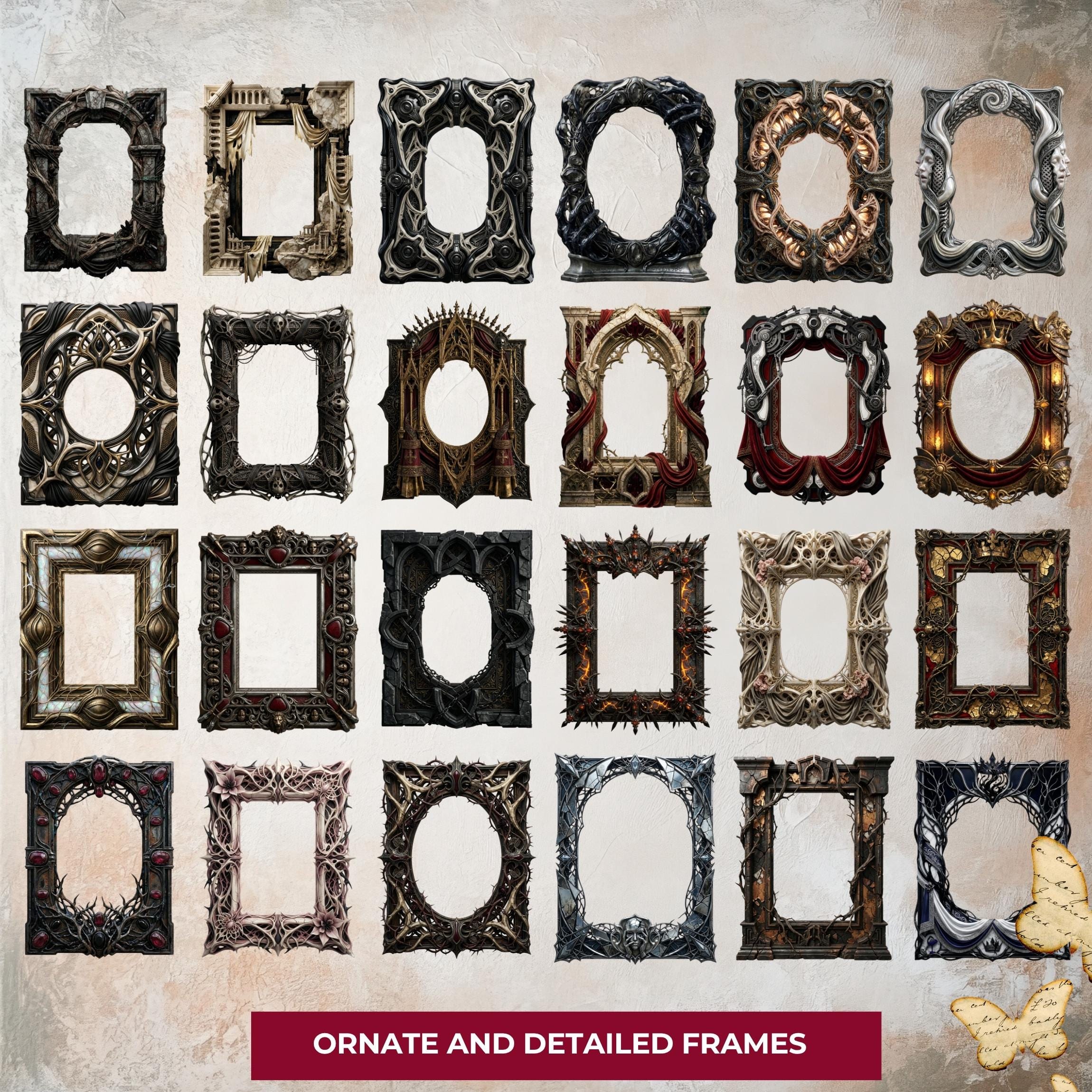 Gothic Dark Fantasy Frames, Ornate Borders, Skull Bone Motifs (60 PNG ...