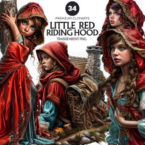 Set di clipart di Cappuccetto Rosso, clipart di fiabe, cacciatore, clipart di lupo, PNG di Fairytale Bundle per sublimazione, album di ritagli, diario di spazzatura