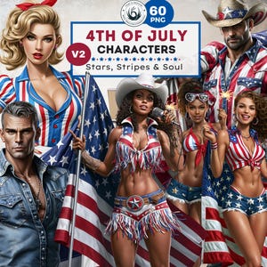 Pode incluir: Ilustração digital com vários personagens vestidos com trajes patrióticos americanos, incluindo cowboys e cowgirls, com bandeiras dos EUA. O texto "4th of July Characters: Stars, Stripes & Soul" está incluído.