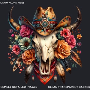 Floral Bull skull PNG clipart, Boho western PNG, Western Sublimation, floral cow skull with feathers crafts and sublimation. Commercial use