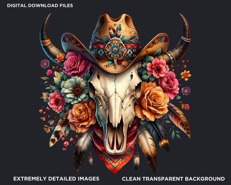 Floral Bull skull PNG clipart, Boho western PNG, Western Sublimation, floral cow skull with feathers crafts and sublimation. Commercial use