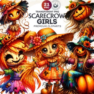 21 Vogelscheuche Mädchen Clipart-Set, Kürbis png, Halloween Cliparts, Halloween png, Gruselige Saison, Kinder Halloween, Scrapbooking, Sublimationsdesign