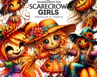 Scarecrow Girl Clipart Set: Halloween Pumpkin PNG (Digital Download, Commercial Use)