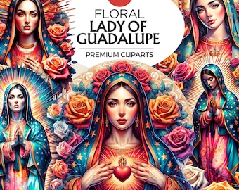 Floral Lady of Guadalupe Clipart PNG, Virgin Mary clipart, Nuestra Señora de Guadalupe, Mexican Catholic Art for Sublimation & Paper craft