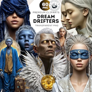 Puede incluir: Un collage de arte digital con múltiples retratos de figuras etéreas. La imagen incluye el texto "Premium Cliparts Dream Drifters Transparent PNG" y un logotipo con el texto "That's Design". Las figuras tienen la piel pálida y algunas usan accesorios de temática celestial.