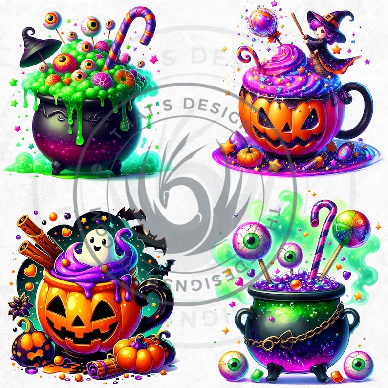 Halloween Drinks Cuties PNG Set, Kawaii Spooky Treats Clipart, Kids halloween Party for Sublimation, Ghost, Pumpkin, cauldron, Halloween PNG