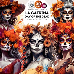 Conjunto de imágenes prediseñadas PNG de La Catrina para el Día de los Muertos V2, imágenes prediseñadas de otoño del Día de los Muertos, calavera de azúcar, paquete de Halloween mexicano. Uso comercial.