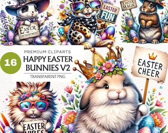 Op de afbeelding: Een set van 16 digitale clipart-afbeeldingen met schattige konijntjes in verschillende poses en outfits, die borden vasthouden met Pasen-themaberichten zoals "Easter Fun", "Easter Magic", "Easter Cheer" en "Easter Vibes". De konijntjes zijn omringd door kleurrijke bloemen en paaseieren.