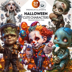 Scary Halloween Cute Characters Clipart Set V4 featuring Haunted Clown, Evil Witch, Mummy, Vampire, Scarecrow, Skeleton, Zombie, Werewolf...