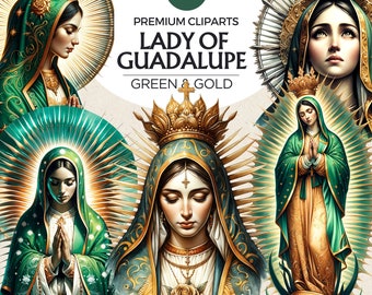 Lady of Guadalupe Clipart PNG, Virgin Mary clip art, Nuestra Señora de Guadalupe, Catholic Art for Sublimation & Paper craft, Green and gold