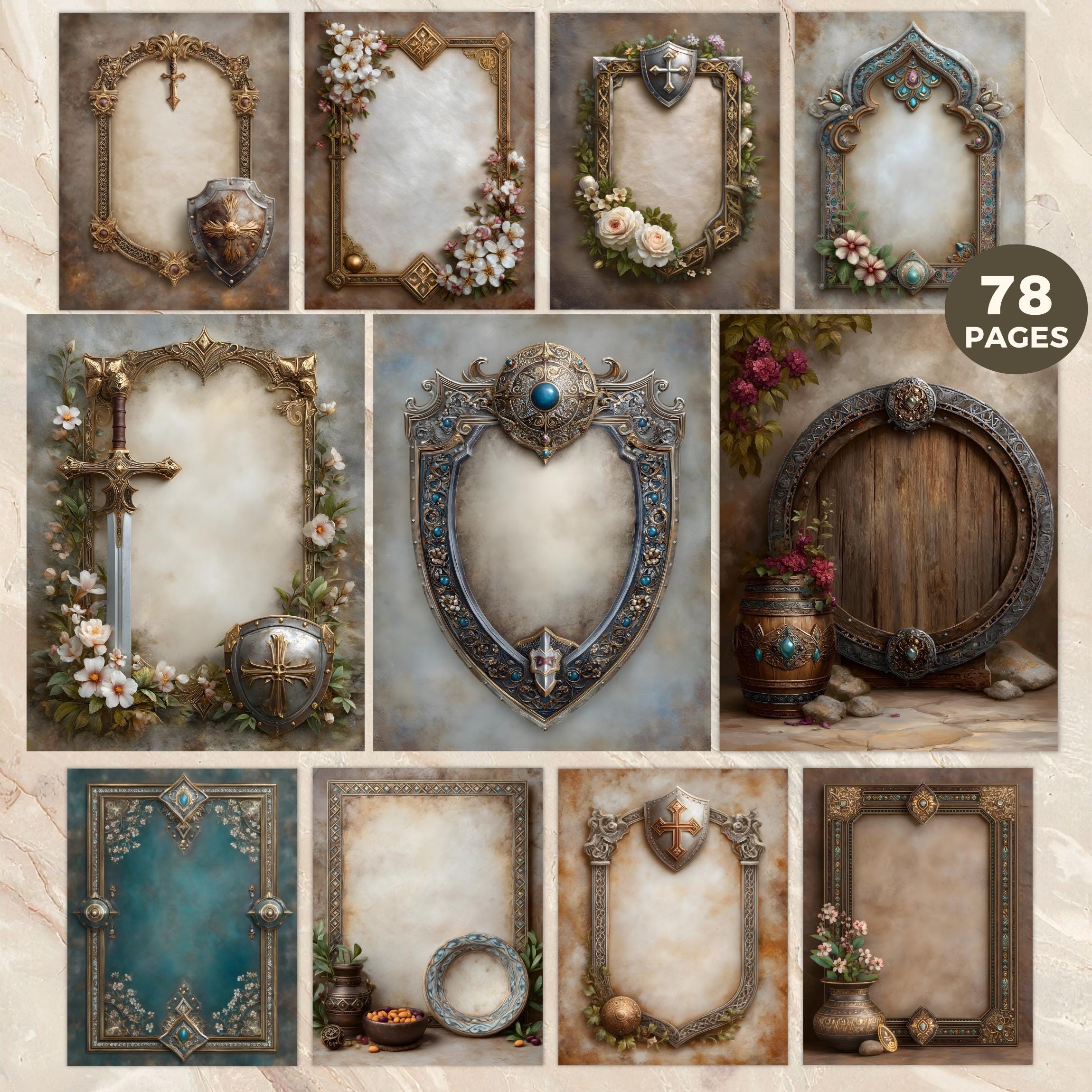 Medieval Fantasy Backgrounds and Frames, Knight Shield for DIY, Cards ...
