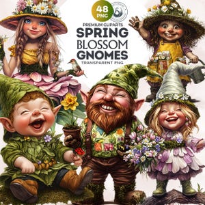 48 Spring Gnome clipart Set,Floral Gnome PNG, Garden gnomes graphics, Spring blossom sublimation, Transparent background, Commercial Use