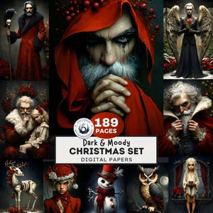 Könnte beinhalten: Eine digitale Kunstsammlung mit dem Titel "Dark & Moody Christmas Set" mit verschiedenen gotischen und Fantasy-Weihnachtsillustrationen. Die Bilder zeigen den Weihnachtsmann, Engel und andere Weihnachtsfiguren in dunklen, dramatischen Umgebungen. Das Set enthält 189 Seiten.