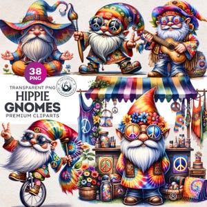 Set di clipart di gnomi hippie, clipart di gnomi flower power, grafica png di gnomi a sublimazione, png di pace e amore, sublimazione di gnomi, png hippie