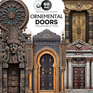 Op de afbeelding: Een verzameling sierdeuren in verschillende architecturale stijlen. De afbeelding toont deuren met ingewikkelde gravures, glas-in-lood en gedetailleerde ontwerpen. De tekst luidt "Ornamental Doors Transparent PNG".
