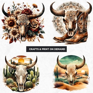 Rustic Bull skull PNG clipart Set, western PNG, Western Sublimation, floral cow skull with sunflower crafts and sublimation. Commercial use