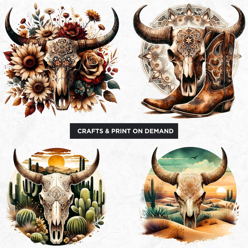 Rustic Bull skull PNG clipart Set, western PNG, Western Sublimation, floral cow skull with sunflower crafts and sublimation. Commercial use