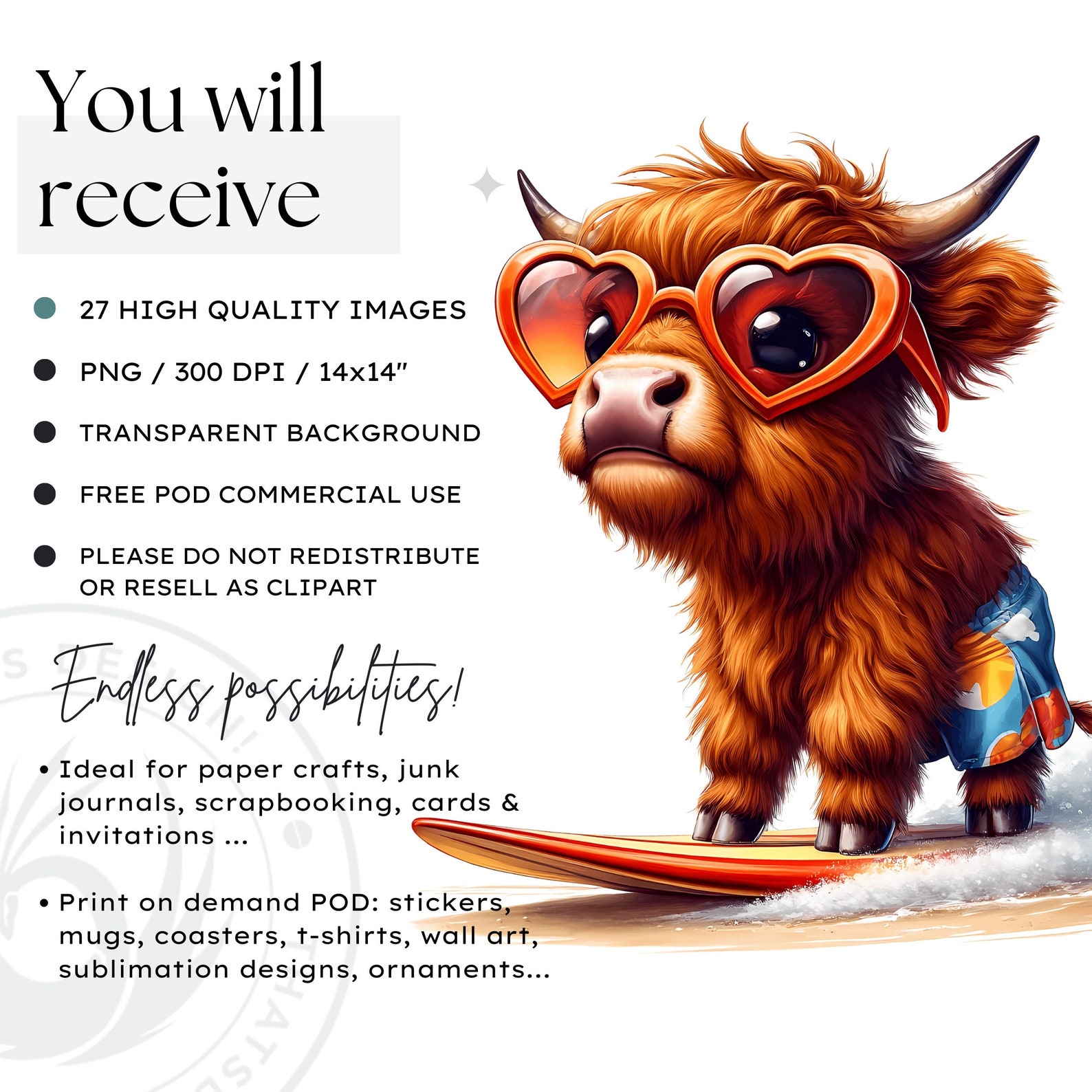 Summer Highland Cow Clipart: Watercolor Beach Calf PNG (digital ...