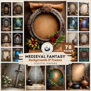 Fondos y marcos de fantasía medieval, escudo de caballero para manualidades, tarjetas, diarios basura, álbumes de recortes y collages.