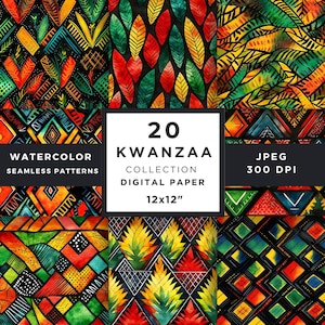 Watercolor Kwanzaa digital paper seamless patterns, Juneteenth background, Black history patterns, Happy Kwanzaa sublimation, African papers