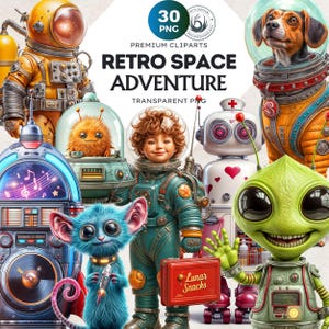Clipart di un simpatico astronauta spaziale / 30 PNG di avventure spaziali retrò / Illustrazioni di astronauti, alieni, robot e razzi per bambini con grafica a sublimazione