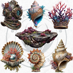 Deep Sea Fantasy Clipart PNG Set, Siren Mermaid Clipart, Underwater clipart, Ocean Mythology, Atlantis decor, Nautical Fantasy, Sea God