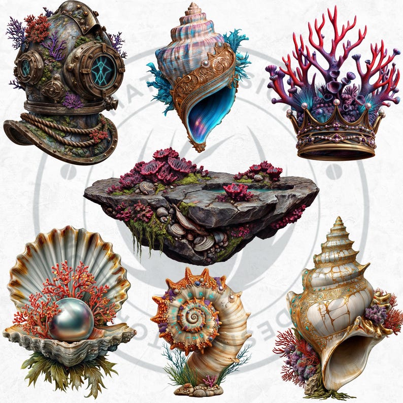 Deep Sea Fantasy Clipart PNG Set, Siren Mermaid Clipart, Underwater clipart, Ocean Mythology, Atlantis decor, Nautical Fantasy, Sea God