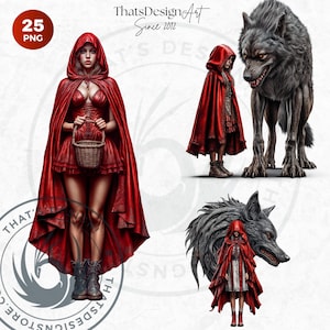 Dark Little red riding hood Clipart Set, Gothic Fantasy clipart, hunter, wolf clipart, Fairytale PNG sublimation, Scrapbook, Junk Journal