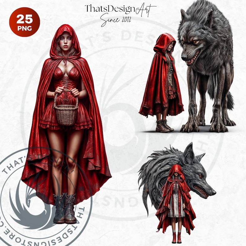 Dark Little red riding hood Clipart Set, Gothic Fantasy clipart, hunter, wolf clipart, Fairytale PNG sublimation, Scrapbook, Junk Journal