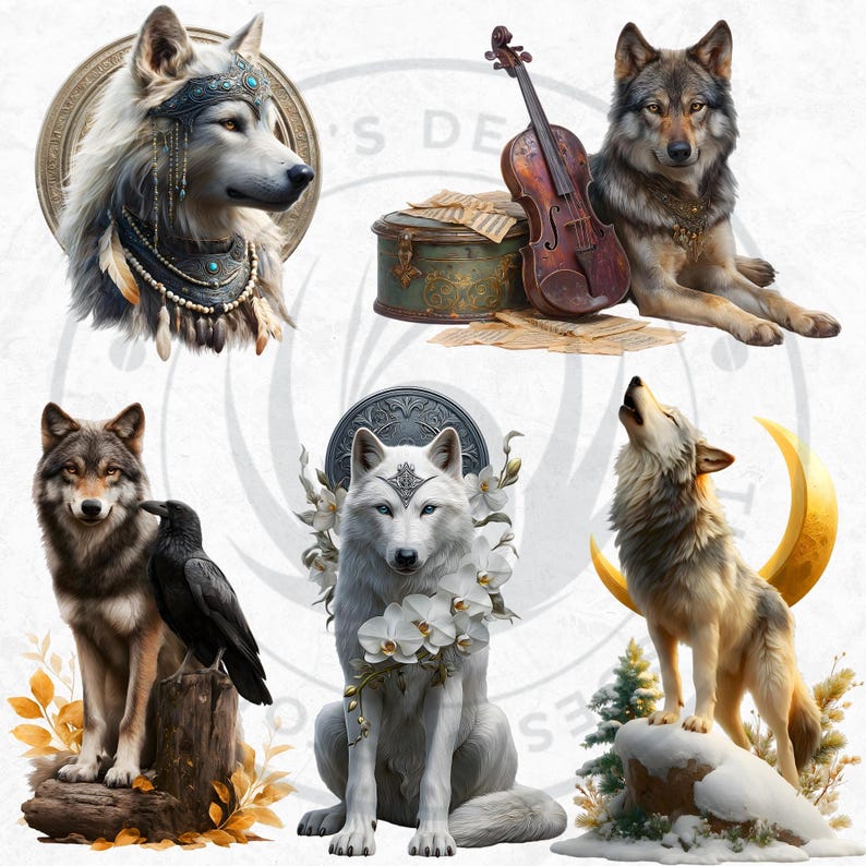 May include: Digital art depicting wolves in different settings. One wolf wears a headdress, another is with a violin and sheet music, and others are with a raven, flowers, and a crescent moon. The artwork has a fantasy theme.