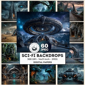 May include: A set of digital sci-fi backdrops featuring futuristic cityscapes, alien landscapes, and spacecraft. The image includes the text "SCI-FI BACKDROPS" and "60 JPEG". The images are 35.56 x 27.94 cm at 300 DPI.