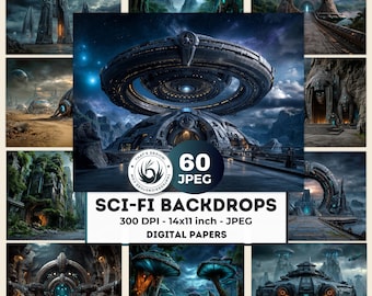 Sci-Fi Backdrops Digital Paper: Cyberpunk City, Alien Landscape, Galaxy graphics, RPG Backgrounds (60 JPEG)