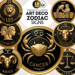 Art Deco Zodiac Signs Clipart PNG Set, black Gold Astrology clipart, horoscope signs, Fantasy Clipart, Celestial clipart, zodiac sublimation