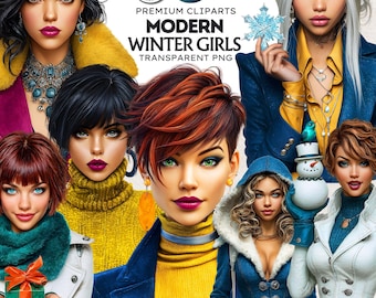 Paquete de imágenes prediseñadas de chicas de invierno: Ilustraciones de moda modernas (PNG, descarga digital)