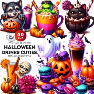 Halloween Drinks Cuties PNG Set, Kawaii Spooky Treats Clipart, Kids halloween Party for Sublimation, Ghost, Pumpkin, cauldron, Halloween PNG
